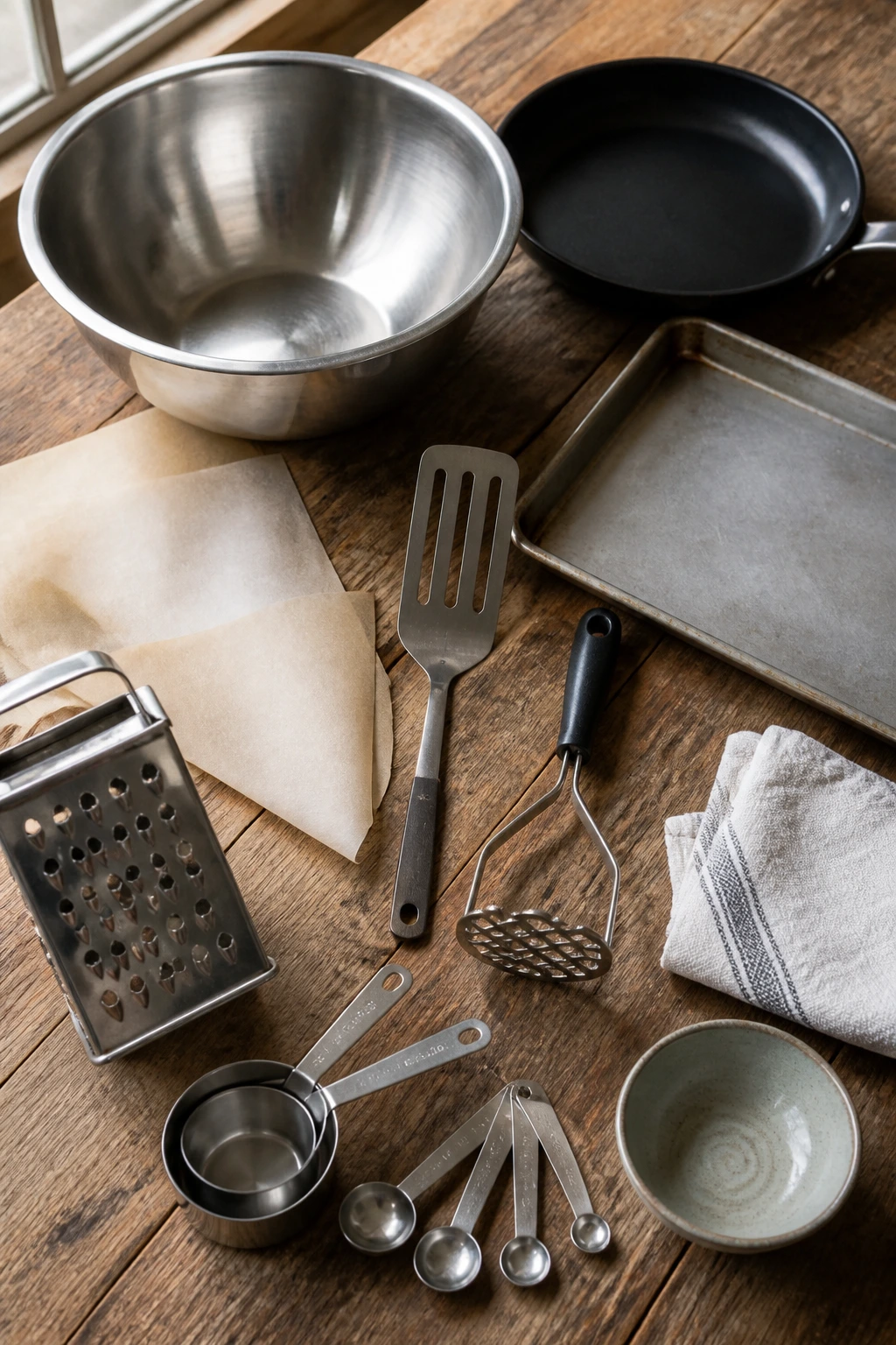 Close-up of essential lentil burger prep equipment arranged on a wooden counter