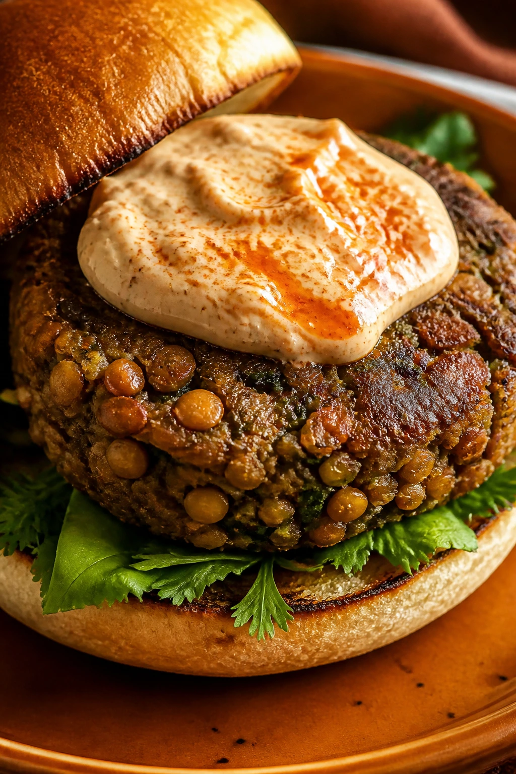 Close-up of Moroccan lentil burger with harissa yogurt on top