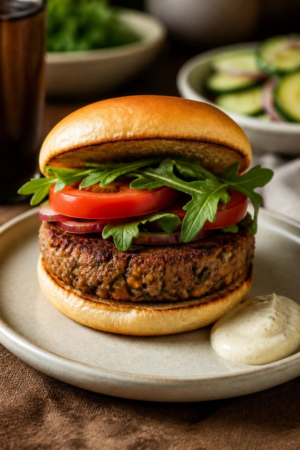 Lentil burger plated with toppings on a warm plate at table