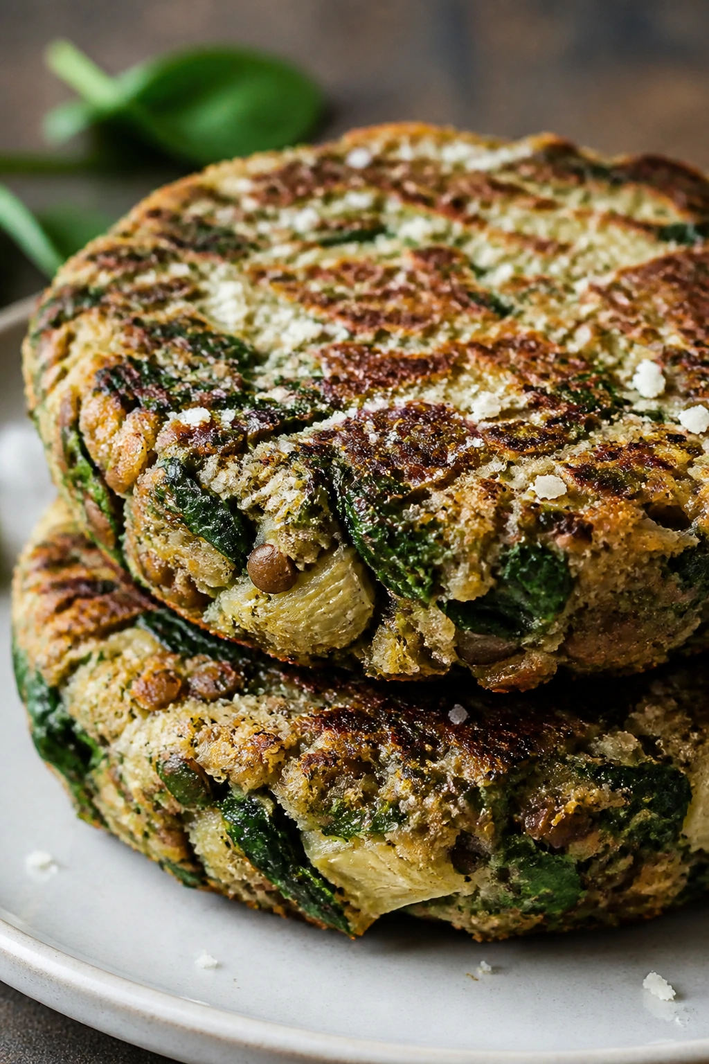 Close-up of spinach-artichoke lentil burger patty with parmesan