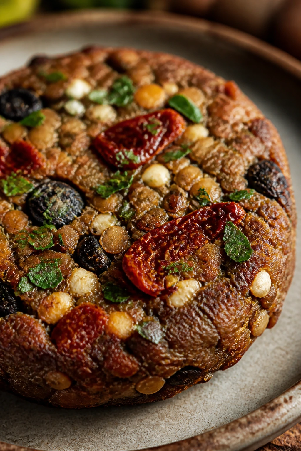 Close-up of Mediterranean lentil burger with sun-dried tomatoes olives