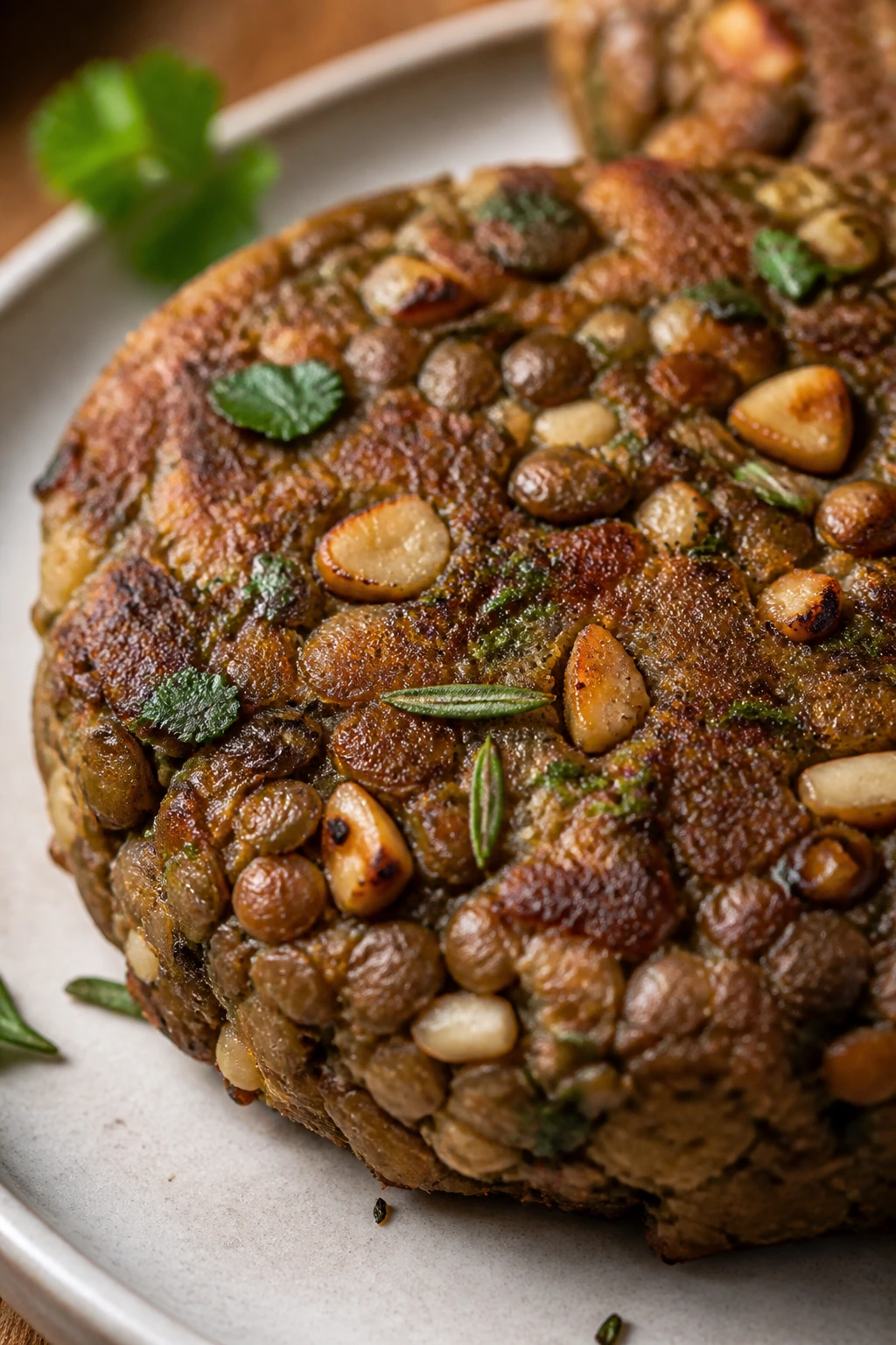 Close-up of walnut-herb-garlic lentil burger patty with walnut bits and herb flecks