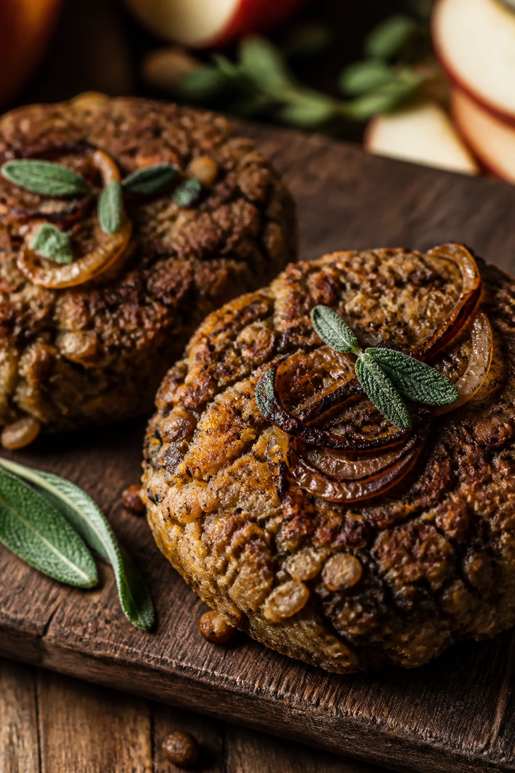 Close-up of two lentil burgers with apple and sage on a wooden board