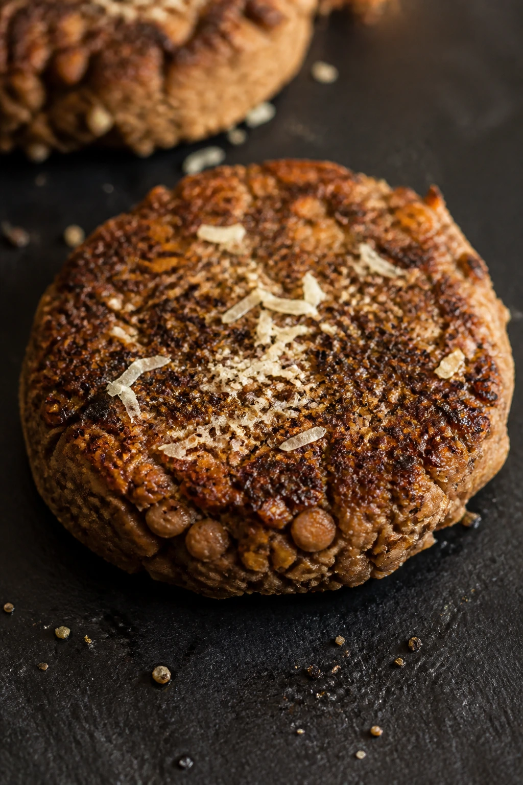 Pepper-crusted parmesan lentil burger patty on slate