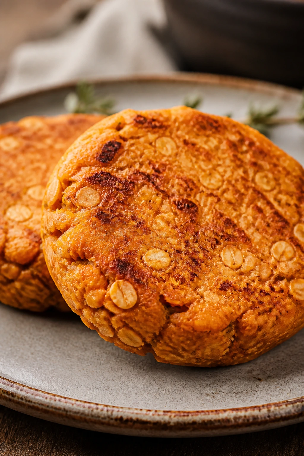 Close-up of red lentil and sweet potato burger patty on rustic plate