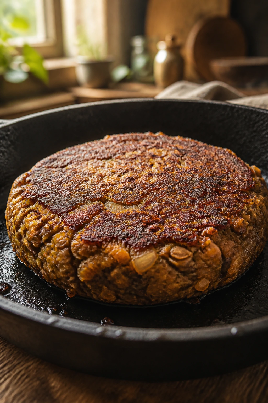 Close-up of a thick lentil burger patty in a skillet
