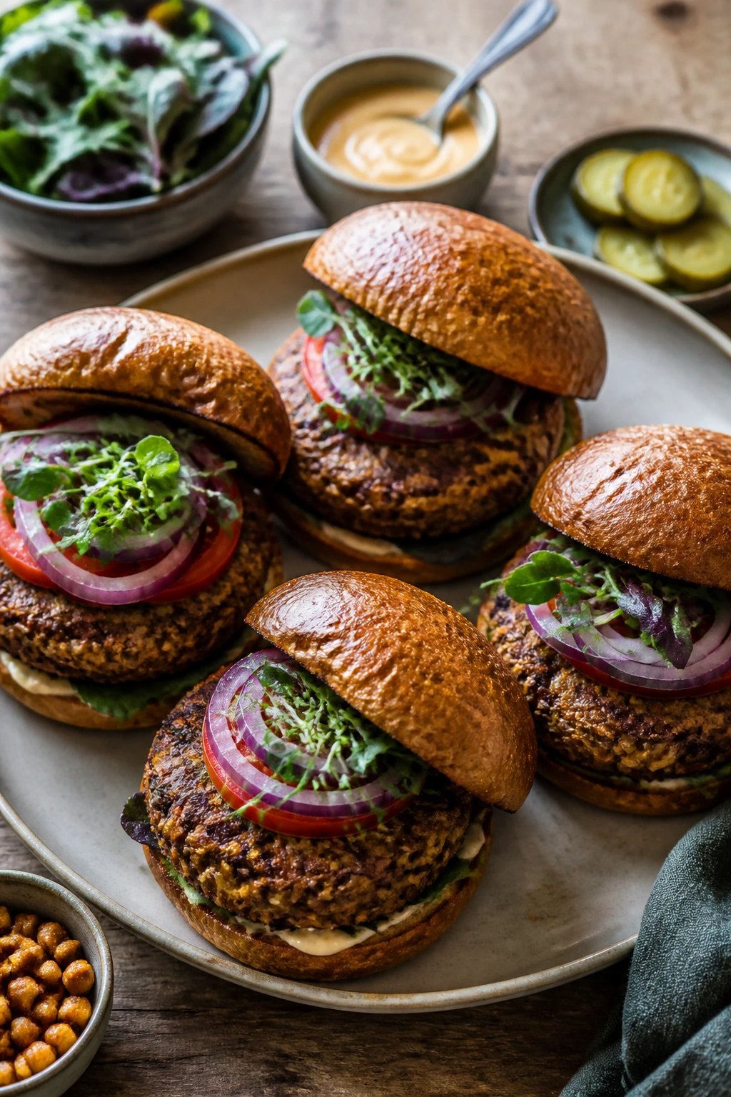 Overhead view of a large plate of lentil burgers on a rustic table ready for Sunday supper
