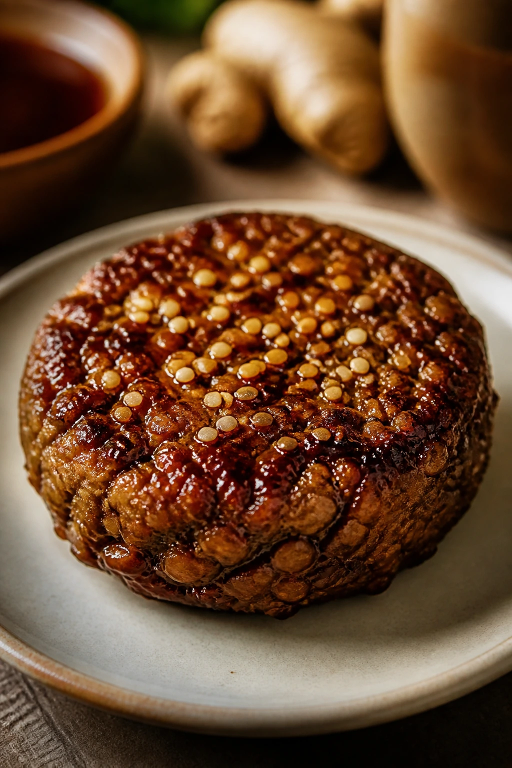 Glossy teriyaki ginger lentil burger patty with sesame seeds