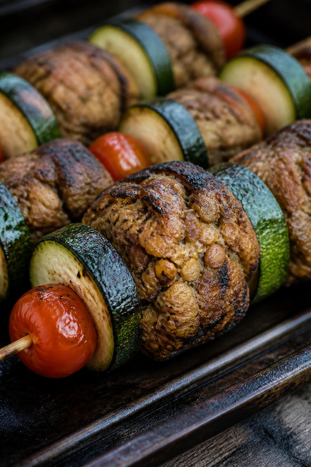 Lentil cake skewers with zucchini and tomatoes