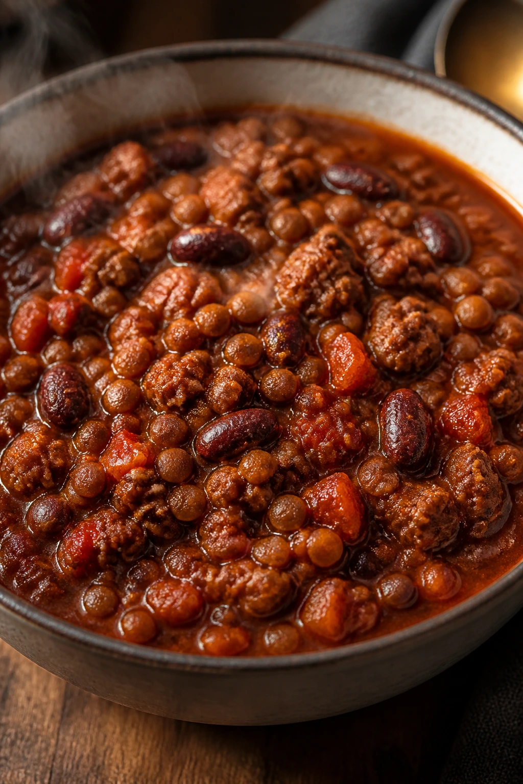 Close-up of smoky lentil chili with hamburger in a rustic bowl