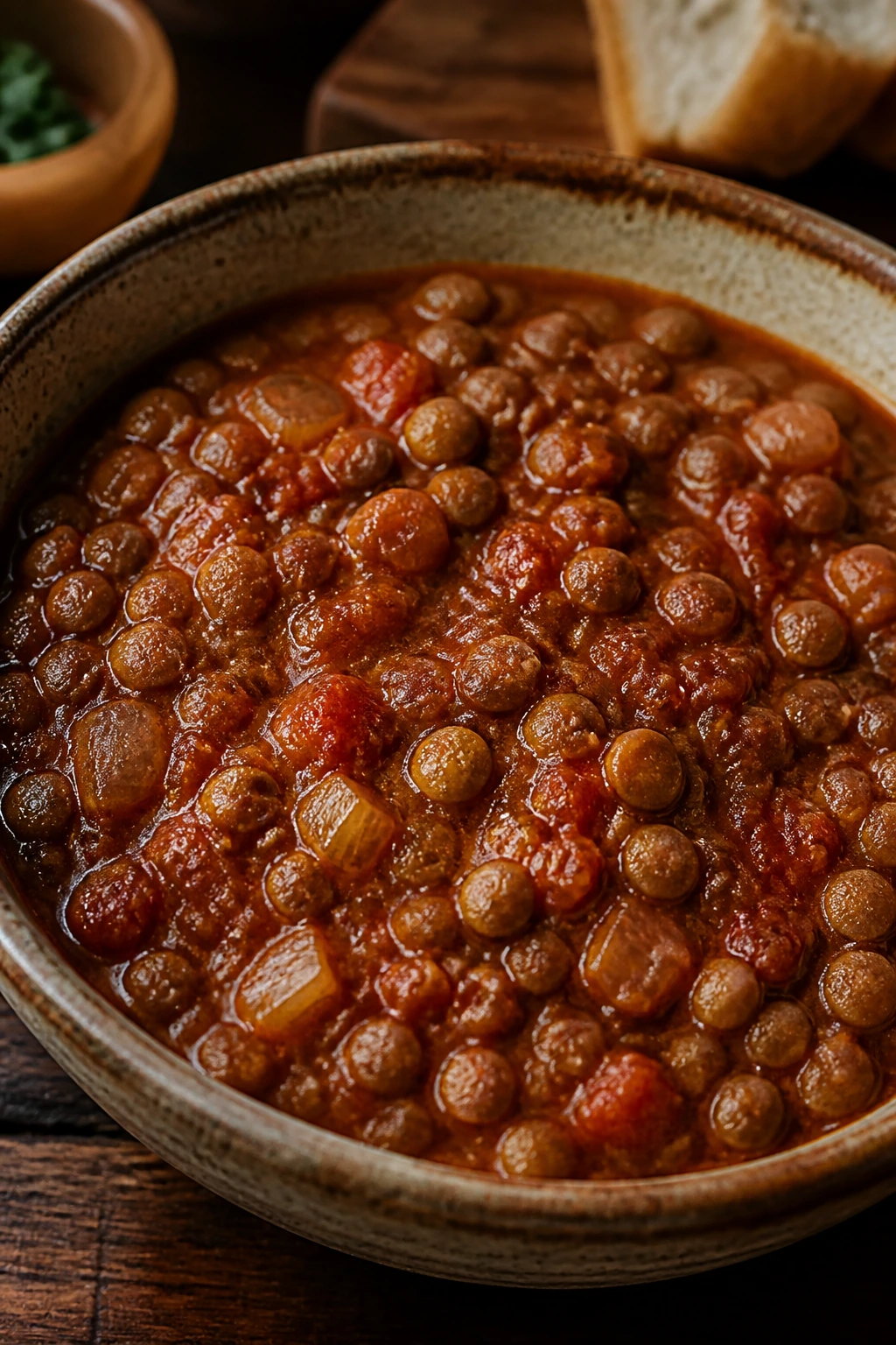 Close-up of lentil chili in a rustic bowl