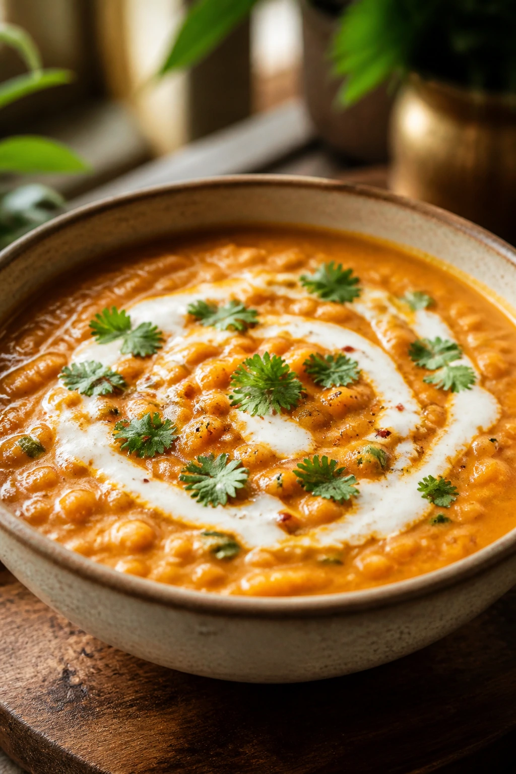Medium close-up of coconut lentil curry in a bowl