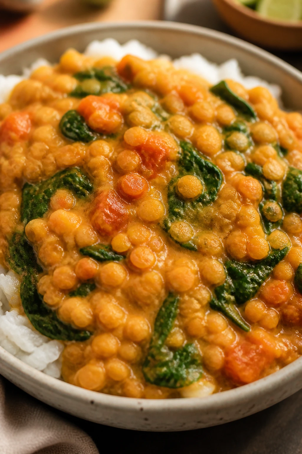 Close-up of thick red lentil coconut curry with spinach served over rice
