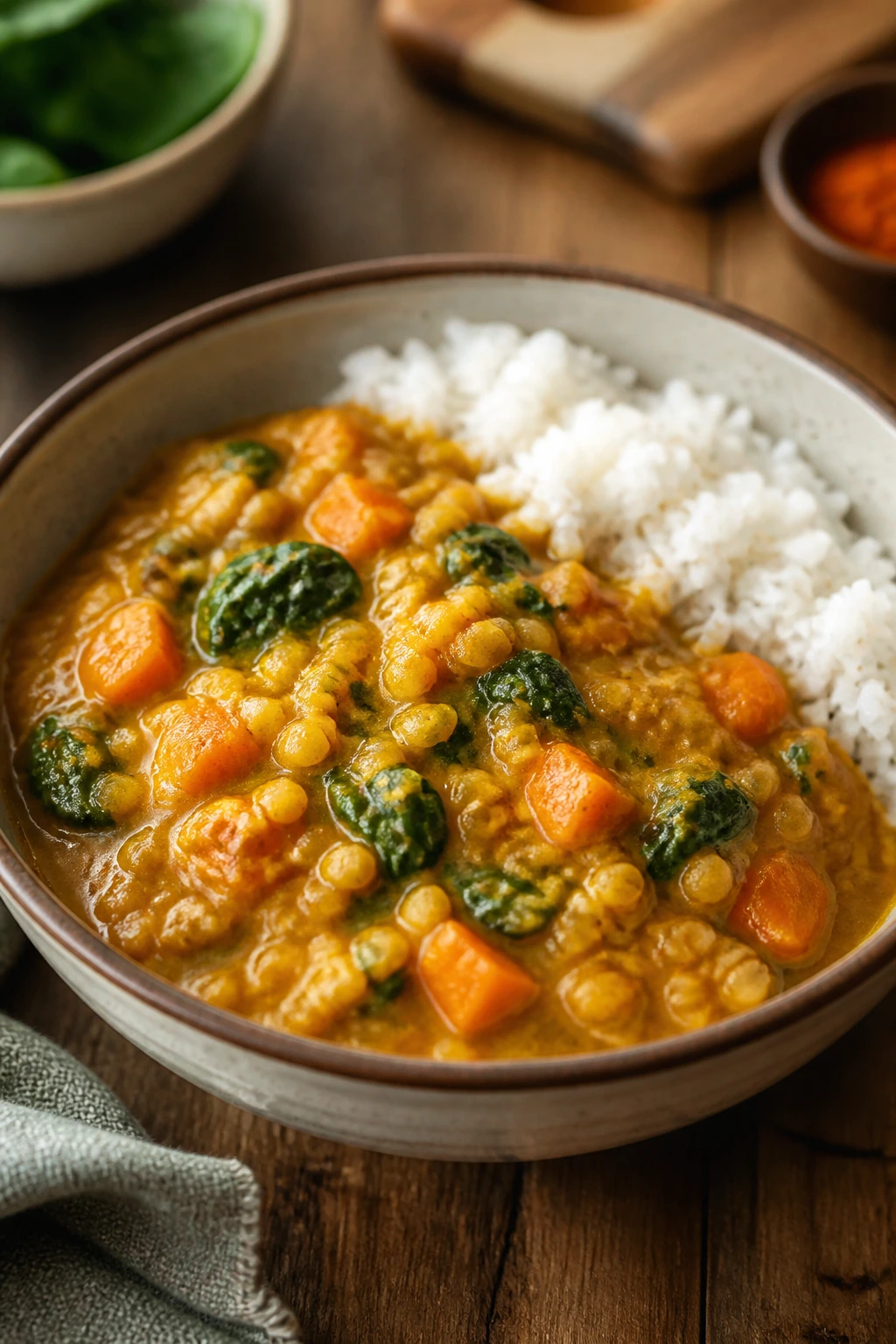 Bowl of lentil coconut curry with rice and vegetables