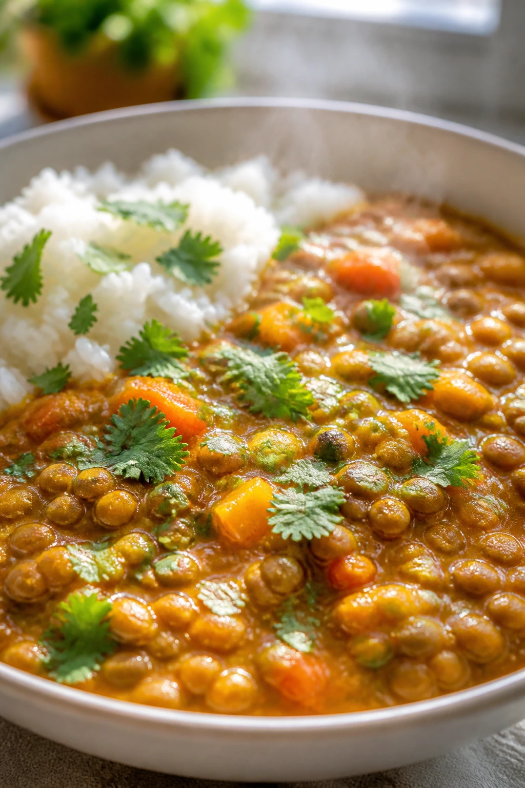 Steaming bowl of lentil coconut curry with rice in a bright kitchen