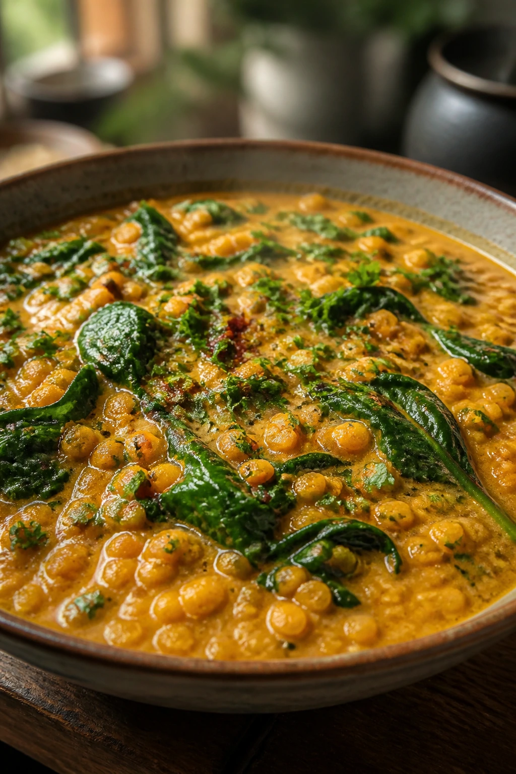 Close-up of red lentil coconut curry with greens in a bowl on a wooden table.