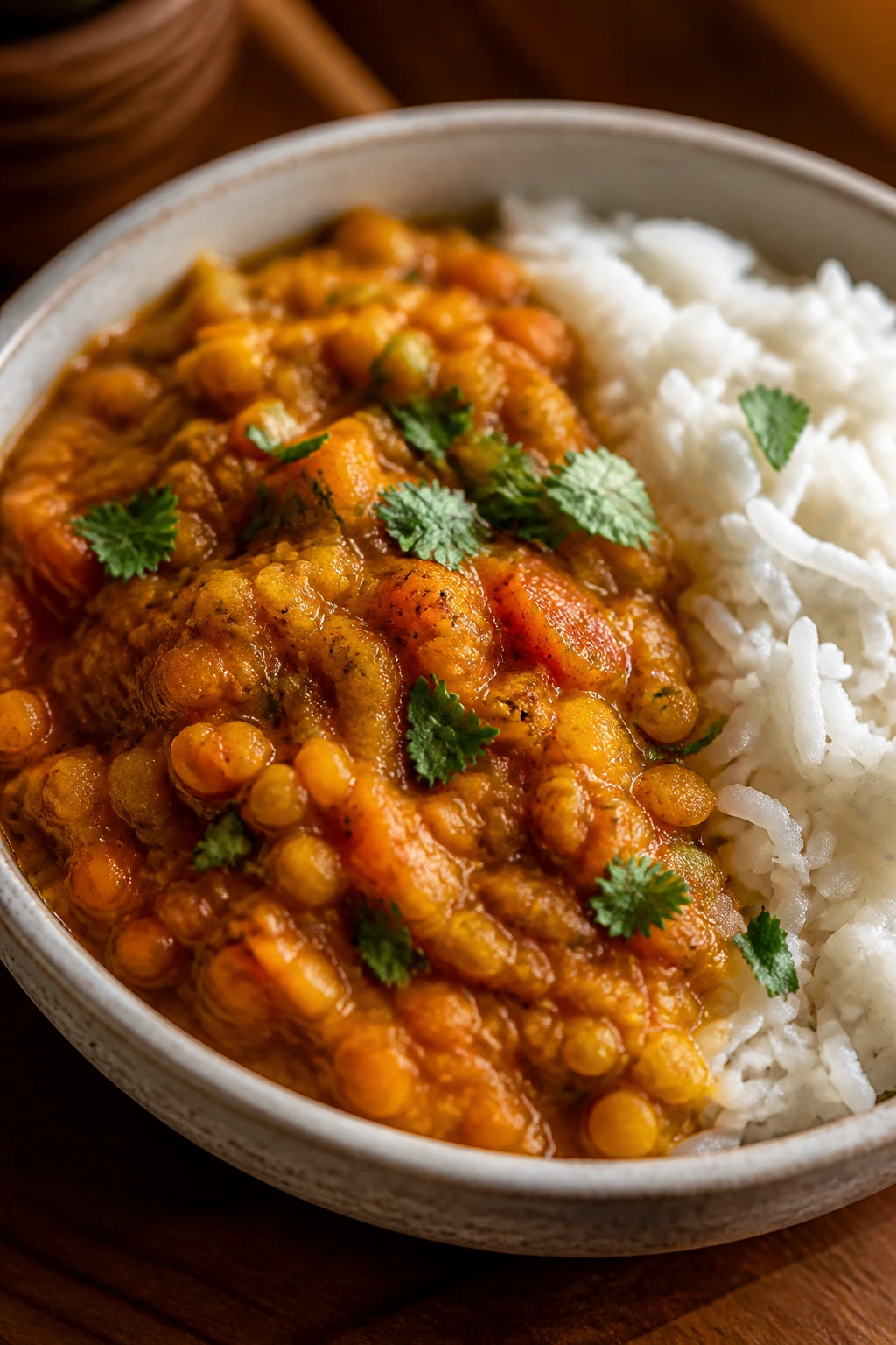 Close-up of lentil curry and rice in a bowl, warm kitchen setting