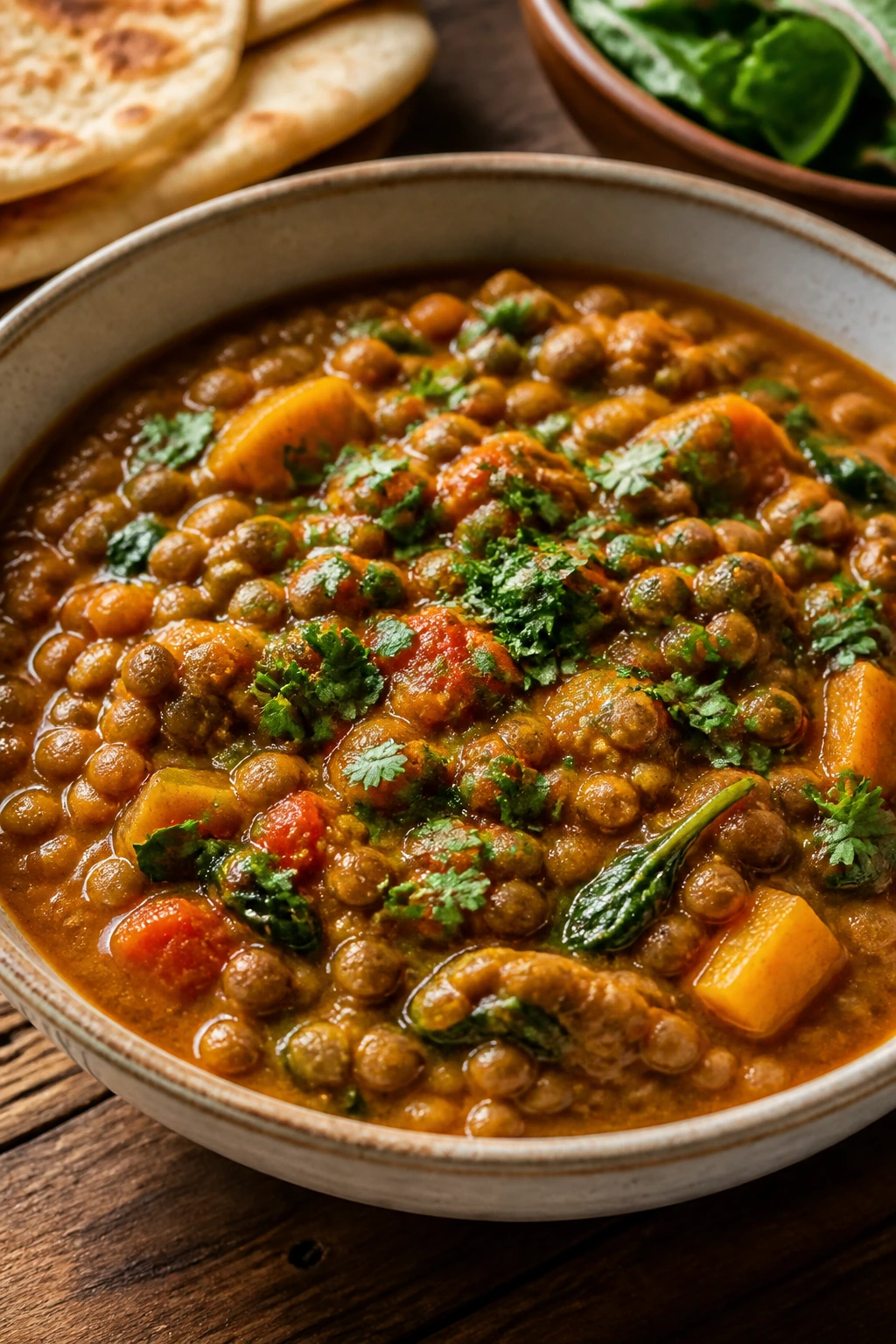 Shallow bowl of vibrant lentil curry on a wooden table