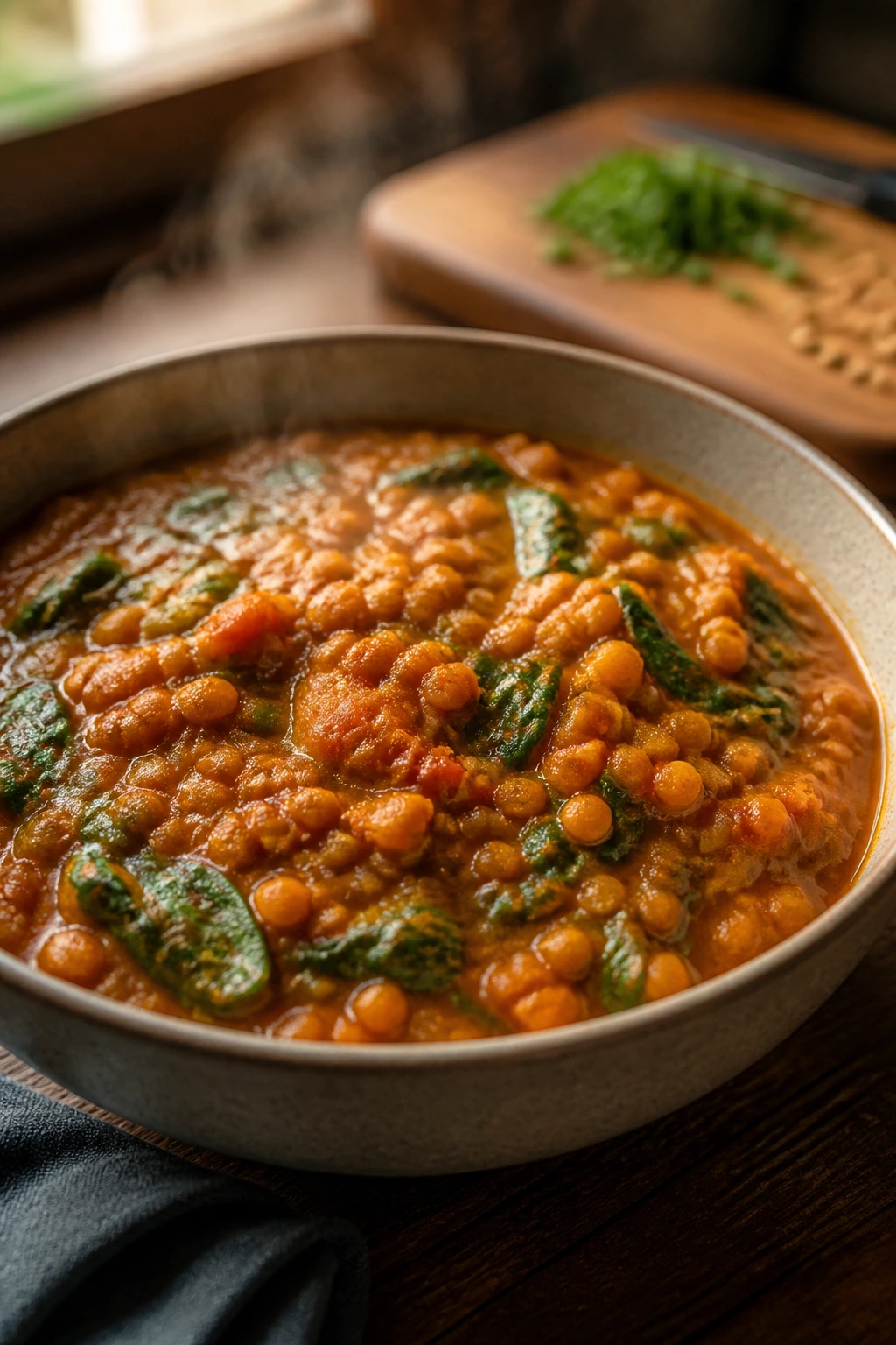 Lentil and spinach curry in a bowl with steam.