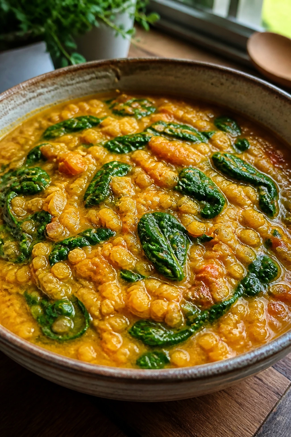 Close-up of coconut lentil curry with spinach in a rustic bowl, warm kitchen setting