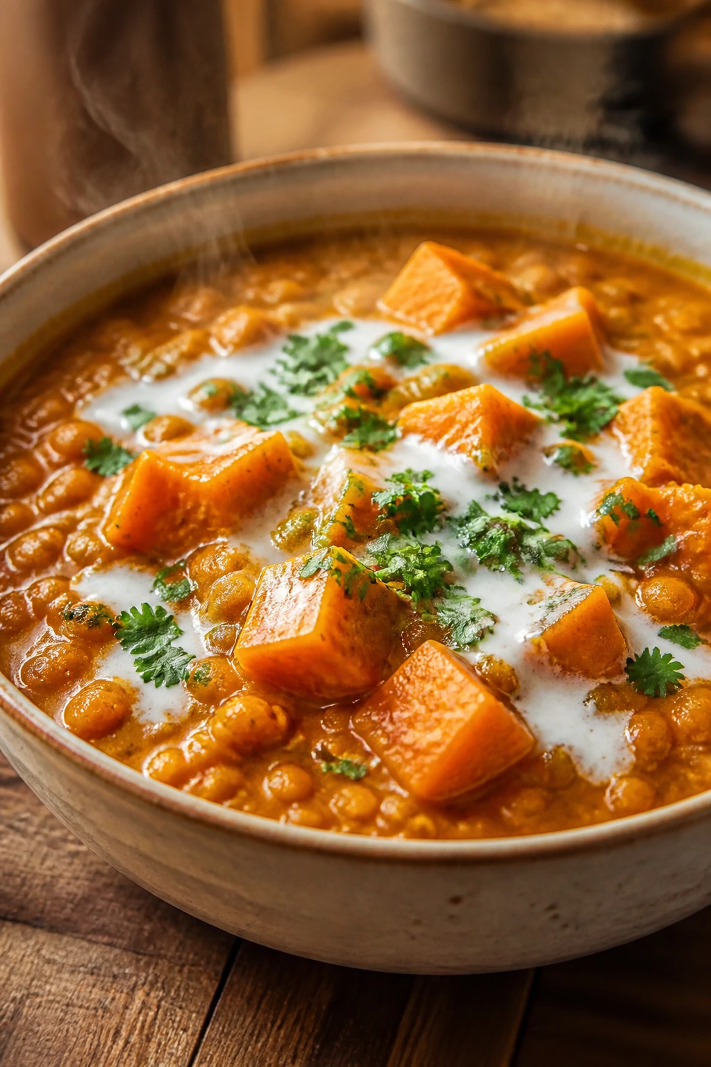 Steaming bowl of lentil sweet potato curry with greens on top