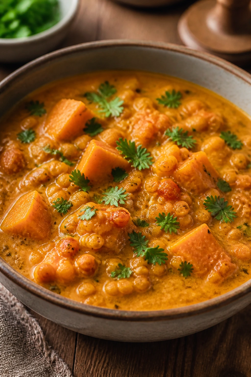 Lentil and sweet potato curry in a bowl with cilantro garnish