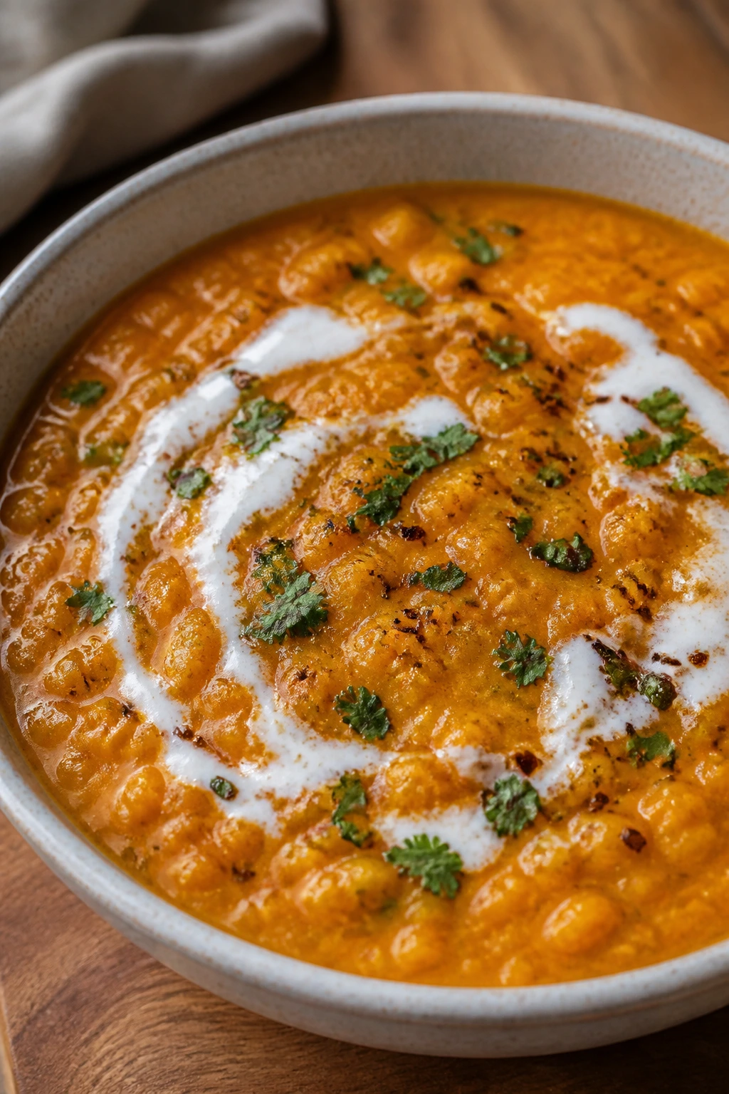 Creamy coconut red lentil dal in a bowl with coconut milk swirl