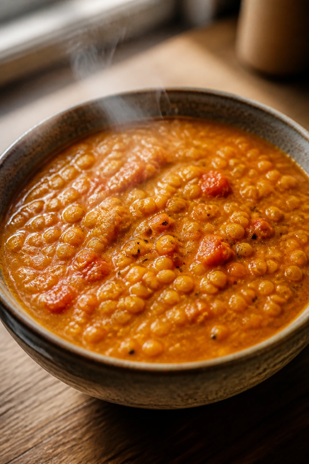 Rustic bowl of tomato lentil dal with visible lentils and tomatoes
