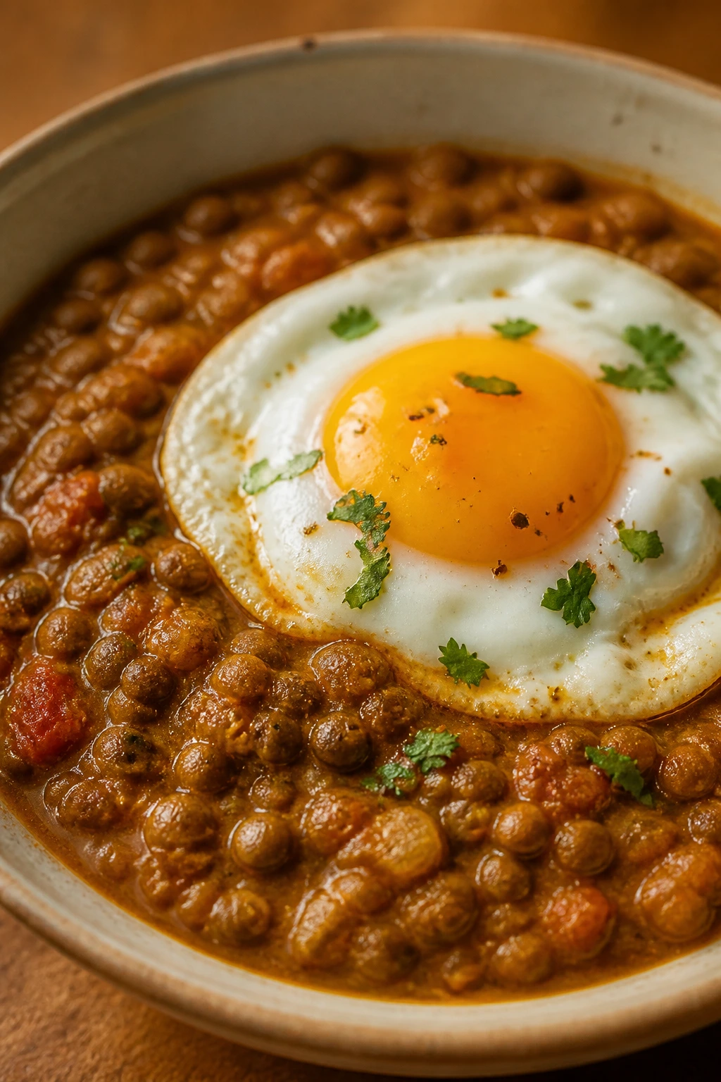 Lentil curry with egg topping in a bowl