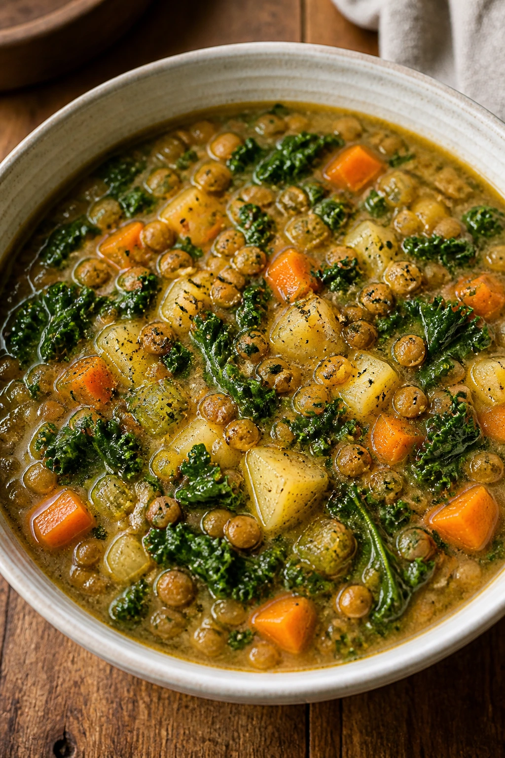 Close-up of Lentil and Kale Chowder with lentils, kale, and carrots in a hearty soup