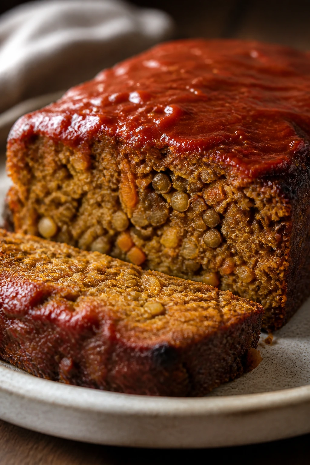 Slice of smoky lentil loaf with tomato glaze on a plate