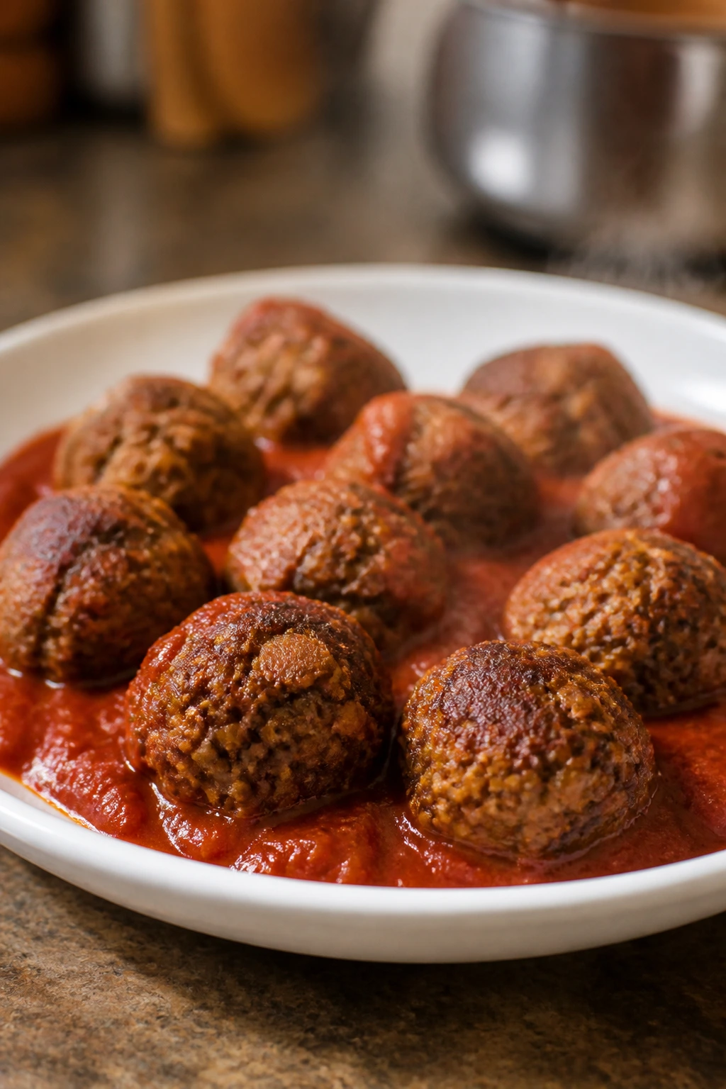 Close-up of lentil meatballs in marinara sauce on a plate