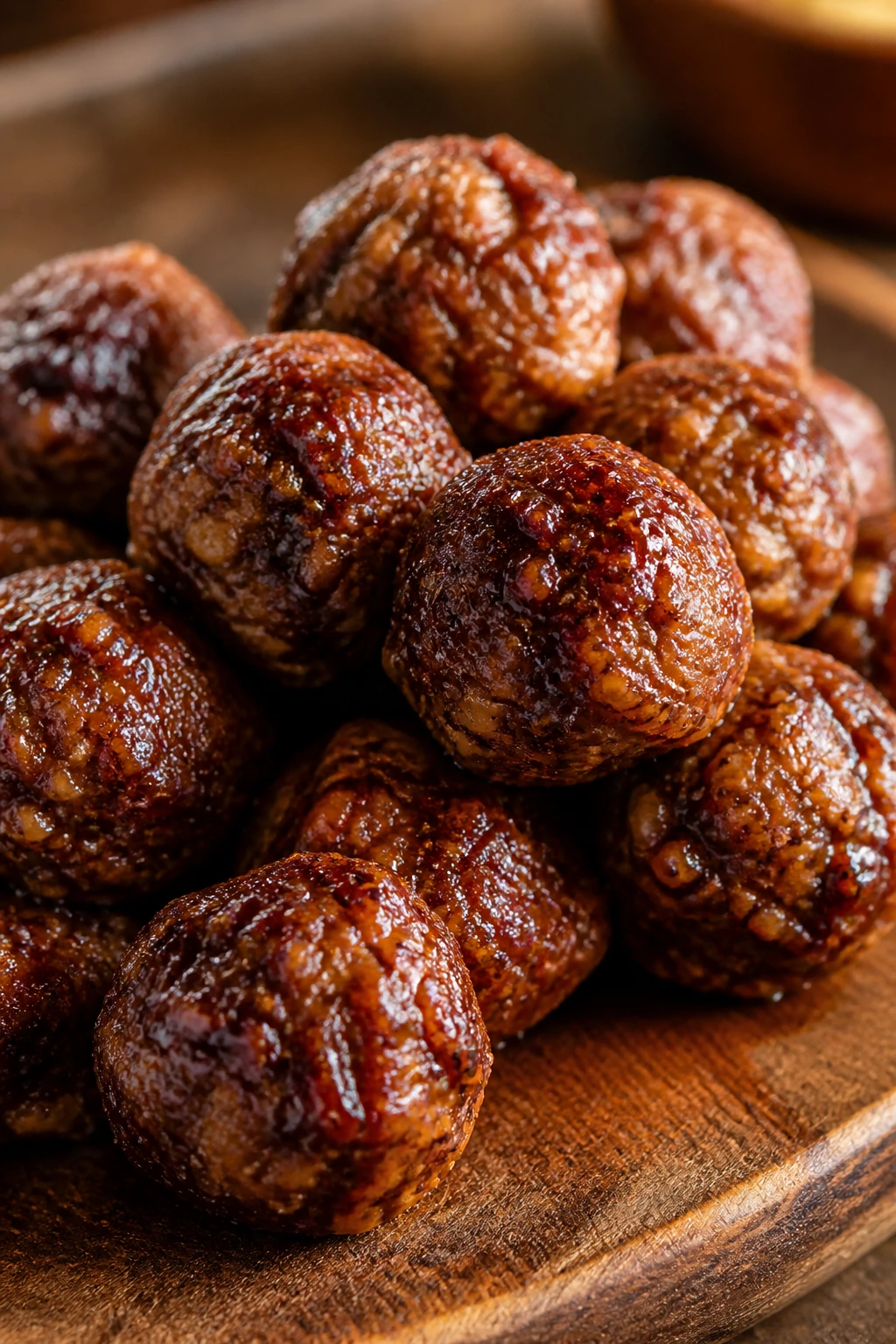 Close-up of glossy lentil BBQ meatballs on rustic board