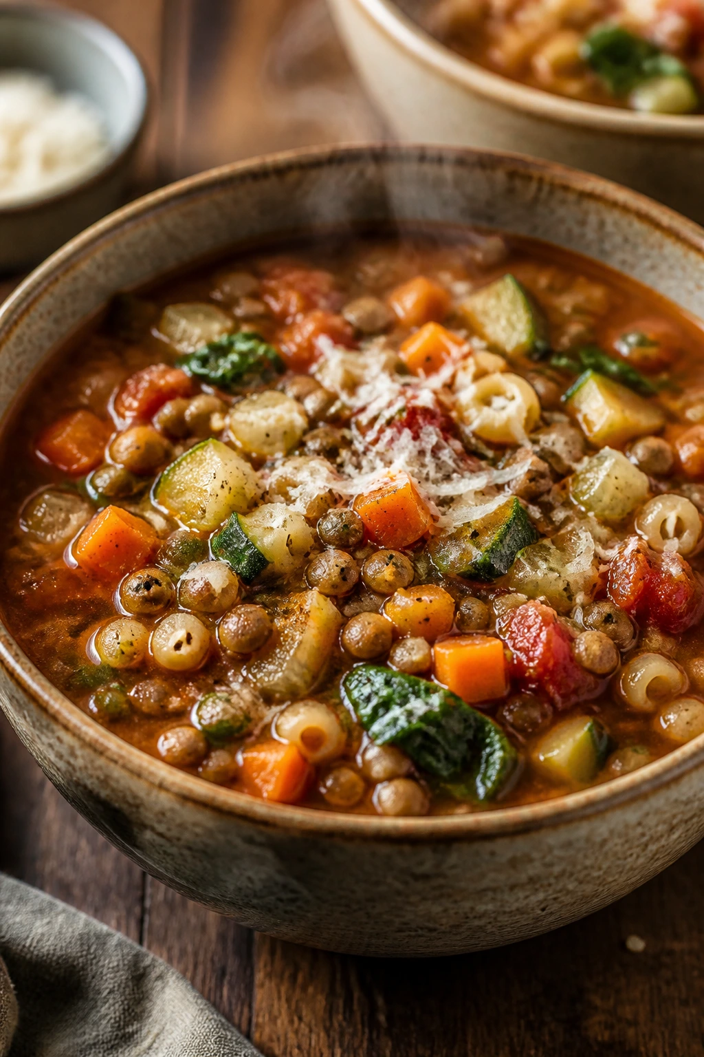 Bowl of lentil minestrone soup with vegetables and parmesan