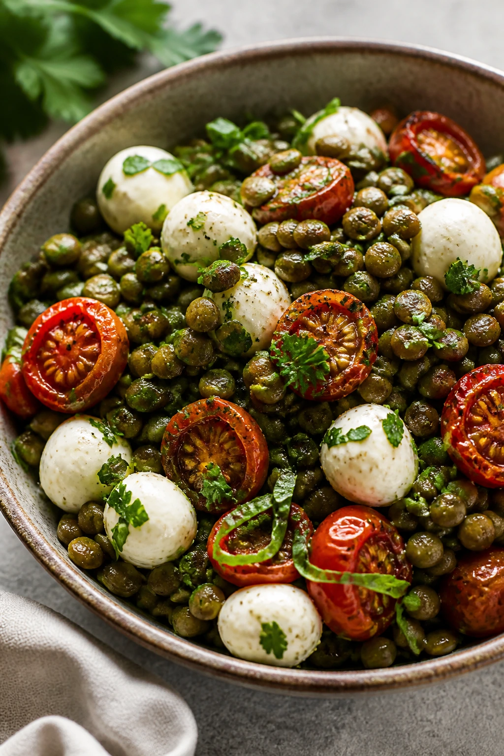 Lentil mozzarella salad with herbs and roasted tomatoes close-up