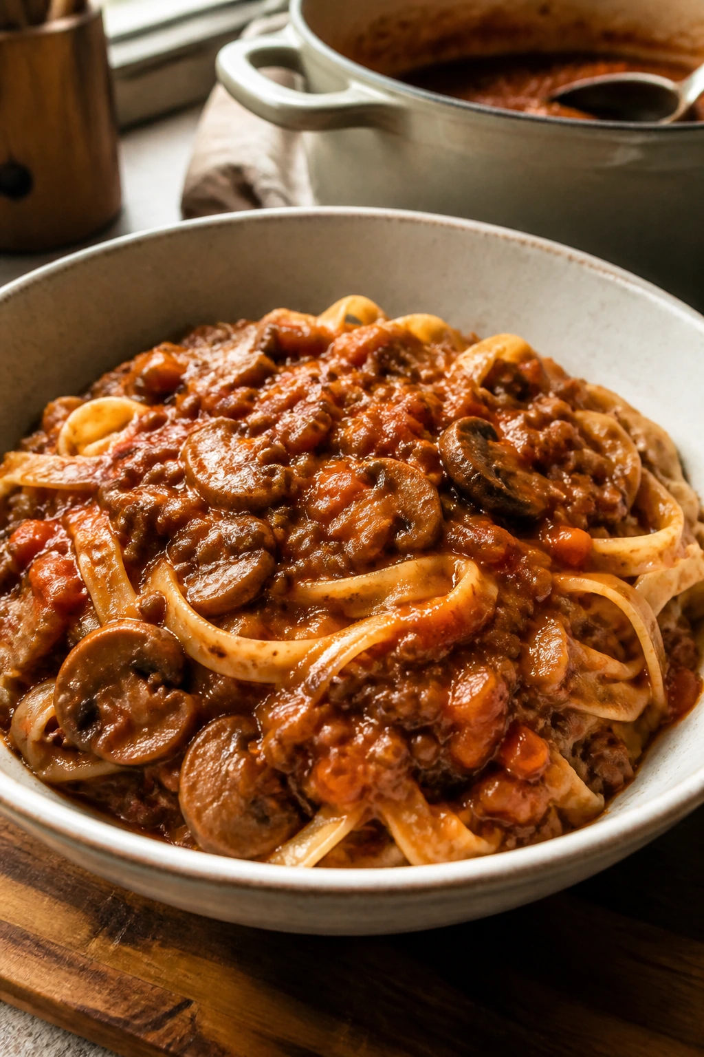 Lentil and mushroom bolognese with pasta in a bowl.