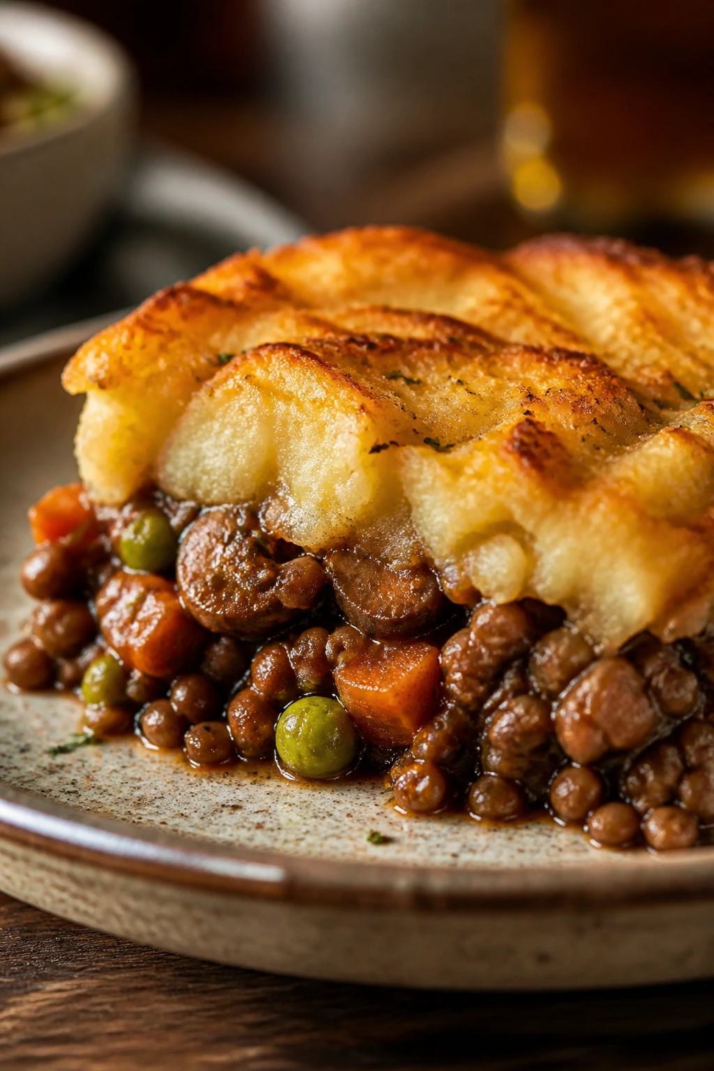 Slice of lentil mushroom cottage pie on rustic plate