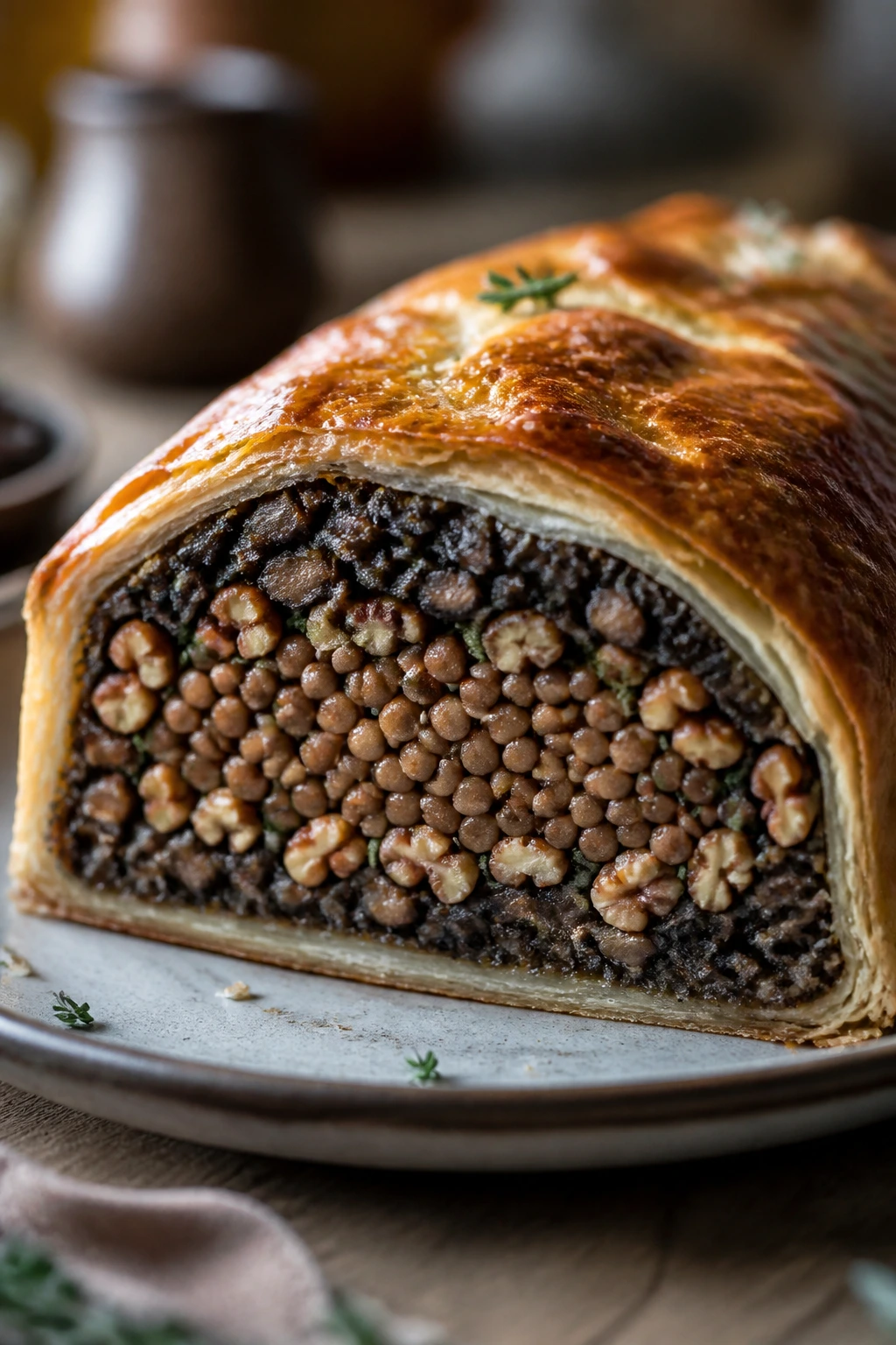 Detailed cross-section of Wellington showing lentils, mushrooms, and walnuts