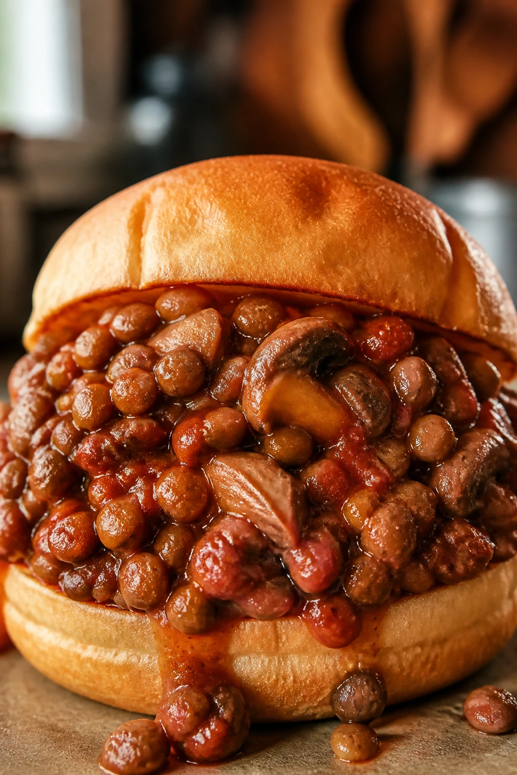Saucy lentil and mushroom sloppy joe on a bun in a home kitchen