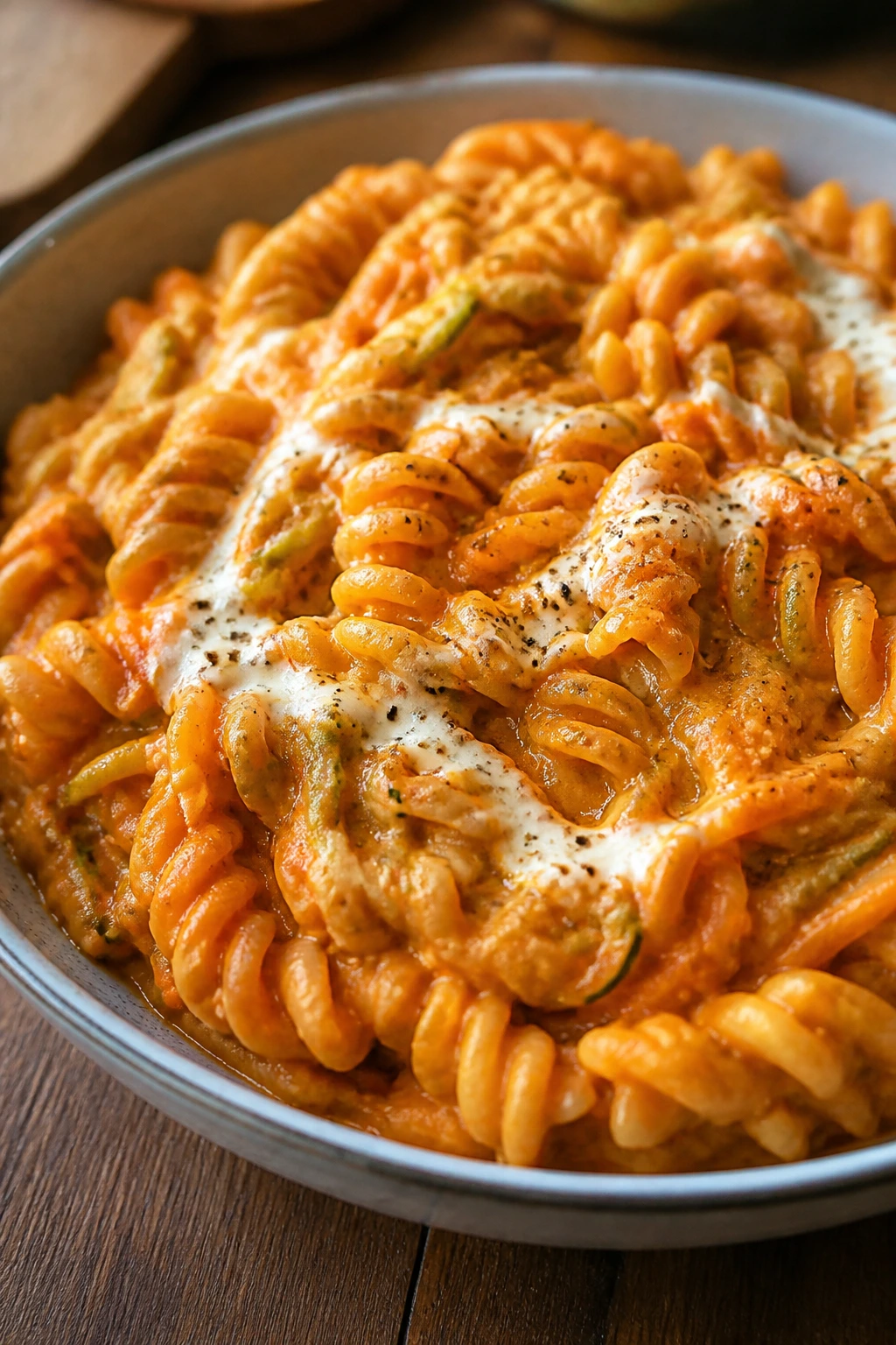 Red lentil pasta with hidden veggie sauce close-up