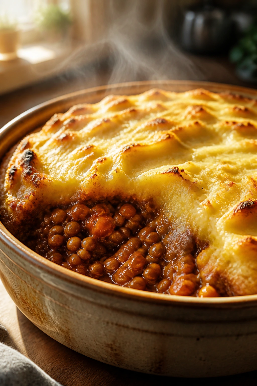 Close-up of lentil shepherd's pie with golden mashed potato topping in a baking dish