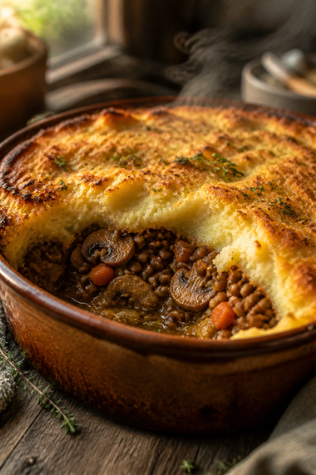 Close-up of lentil shepherd’s pie in a rustic dish with steam