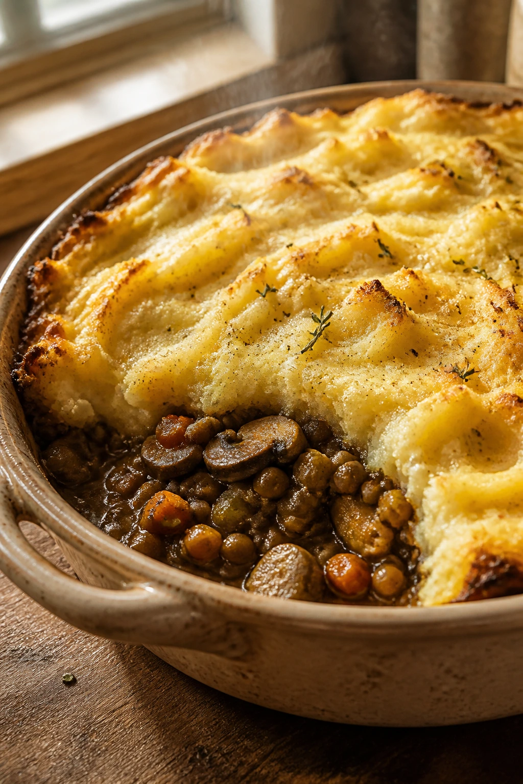 Close-up of Veggie Shepherd’s Pie with Lentils in a rustic dish with a golden potato topping