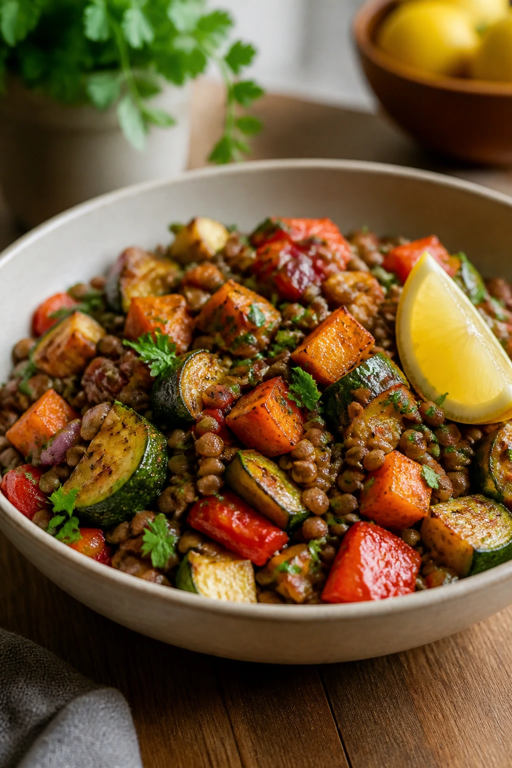 Lentil salad with roasted vegetables and herbs in a bowl