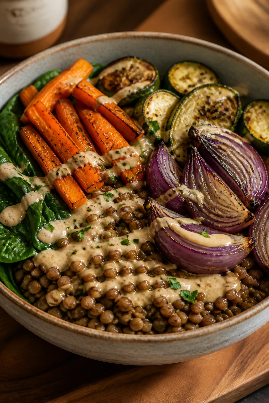 Close-up of Lentil Roasted Vegetable Bowl with lentils and roasted veggies.