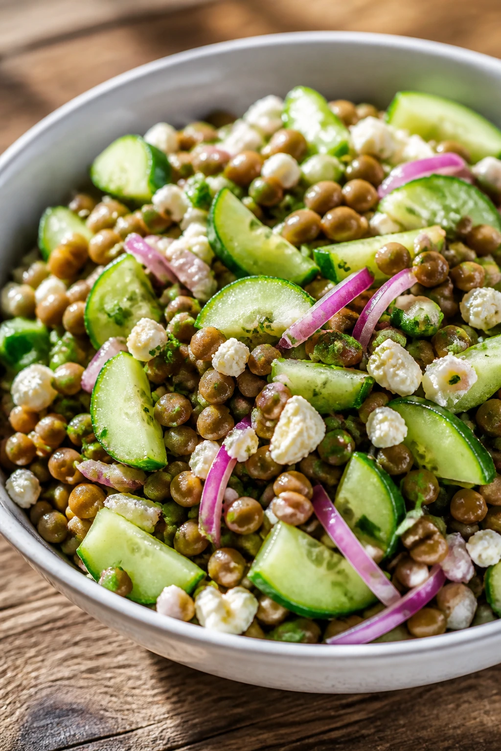 Close-up of lemon lentil salad with cucumbers and feta