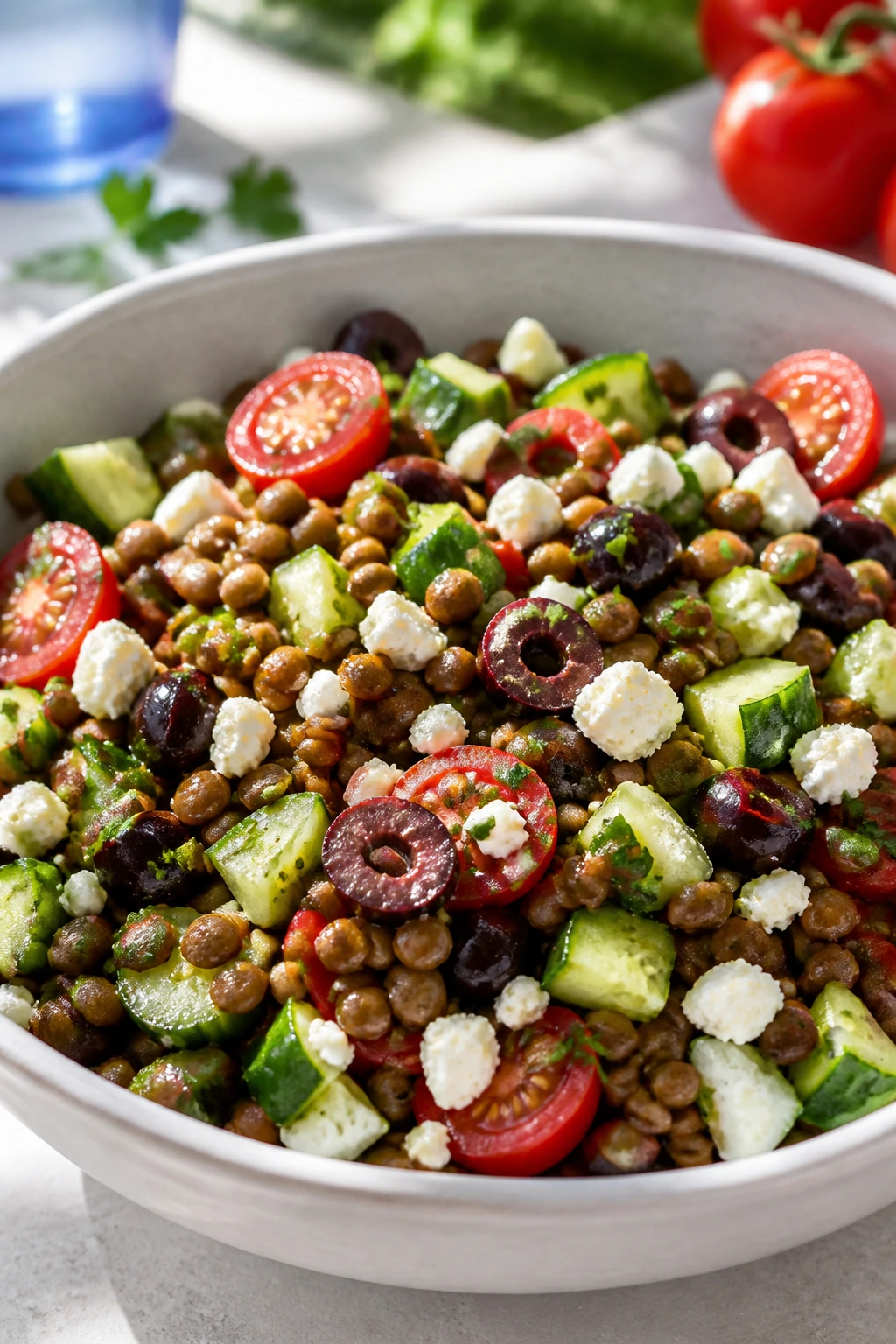 Lentil salad with feta in a bright bowl