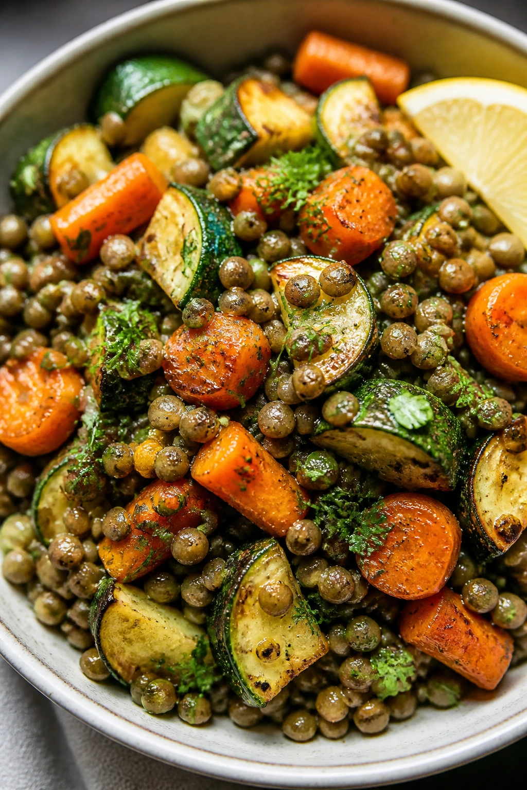 Lentil salad with roasted vegetables and herbs in a bowl