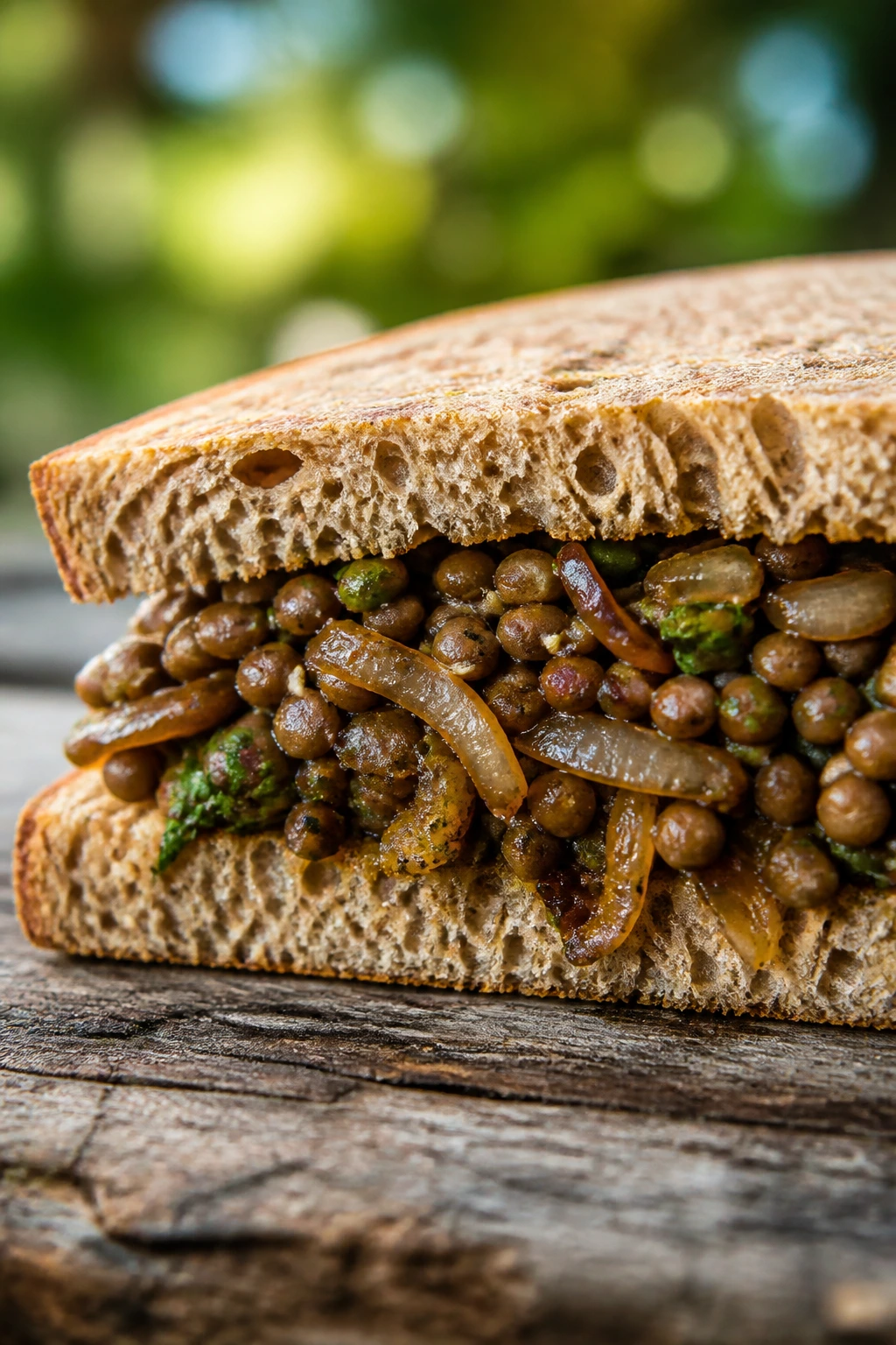 Cross-section of lentil salad sandwich with caramelized onions on a wooden table outdoors