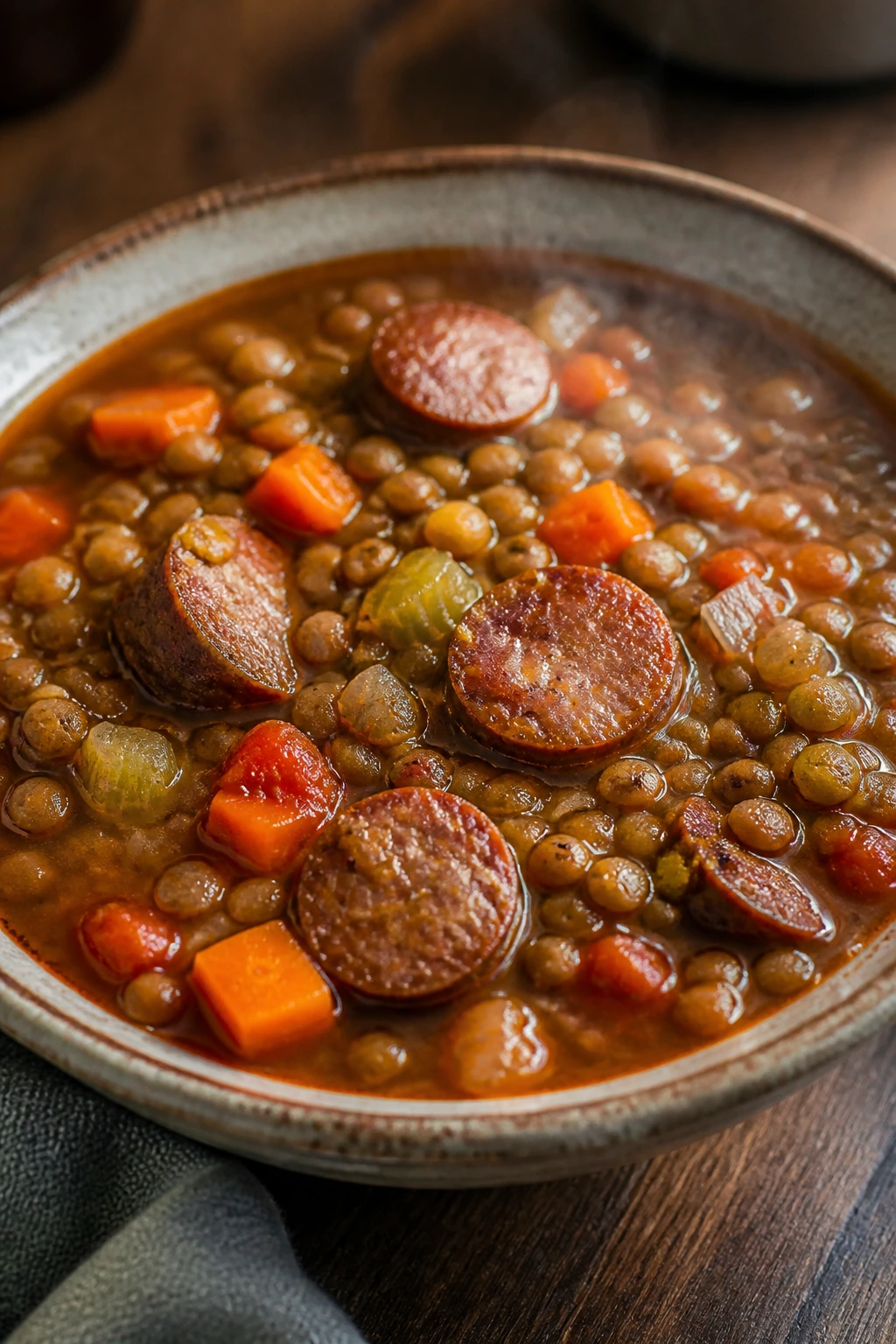 Beef sausage lentil soup in a bowl with vegetables